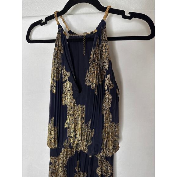 VTG Cache Maxi Dress Halter Blue Gold Foil Floral Printed Pleats Formal Gown 2 - Picture 7 of 9